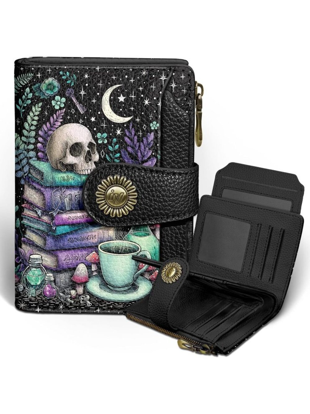 〽️Women Skull Goth PU Leather RFID Blocking Bifold 14 Card Slots Cash Purse